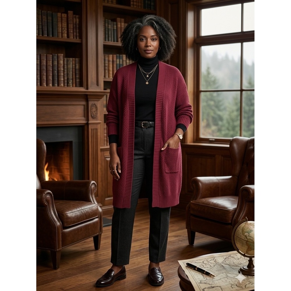Max Studio Burgundy Waffle Knit Longline Cardigan Sweater 1X Dark Academia Cozy